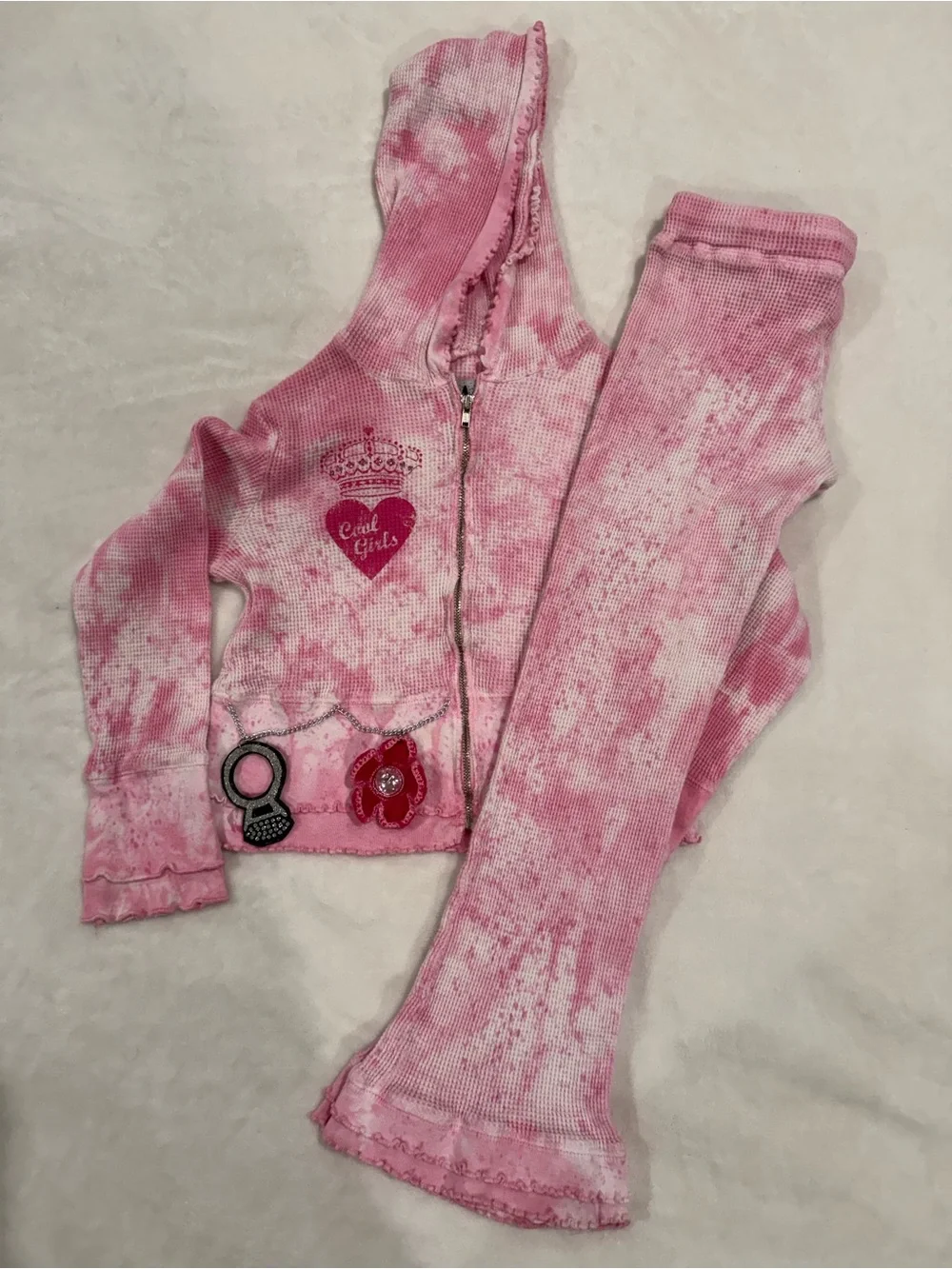 JM Collection Girls' Pink Hooded Waffle Set with Charm Chain